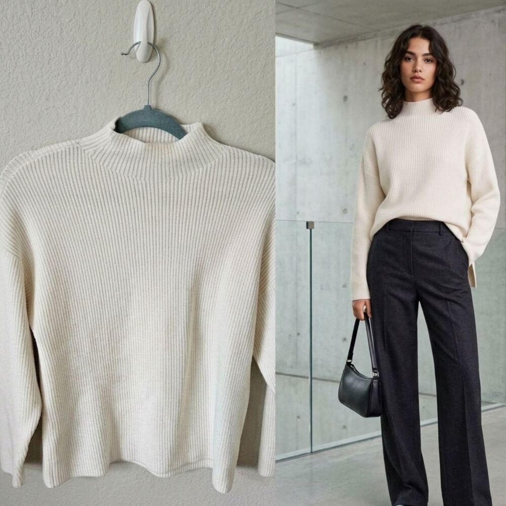Mango MNG Ribbed Mock Neck Sweater XS Cream Off-White Drop Shoulder Quiet Luxury
